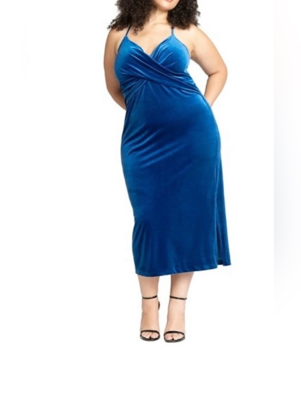 the ELOQUII Velvet Cami Midi Dress in Royal Blue